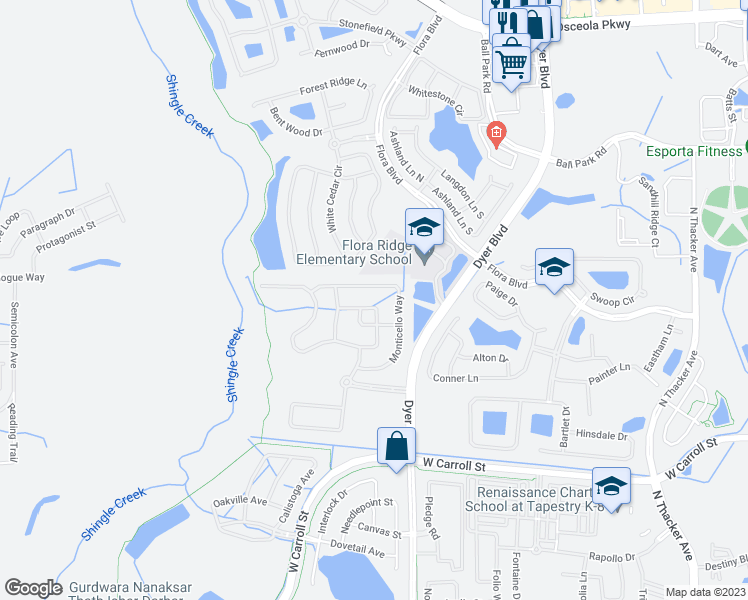 map of restaurants, bars, coffee shops, grocery stores, and more near 2780 Monticello Way in Kissimmee