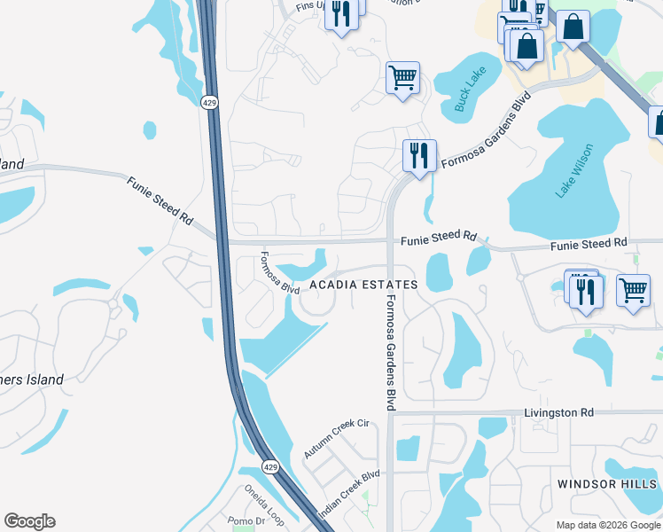 map of restaurants, bars, coffee shops, grocery stores, and more near 2906 Lotus Court in Kissimmee