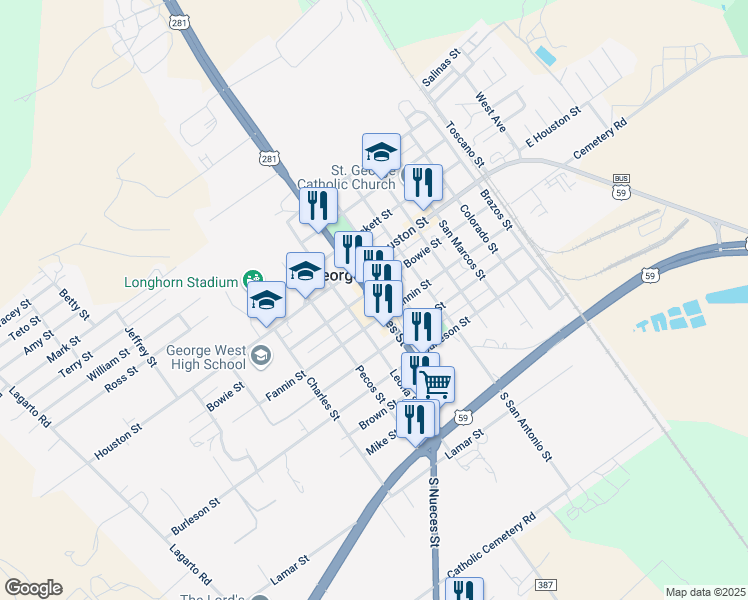 map of restaurants, bars, coffee shops, grocery stores, and more near 506 Nueces Street in George West