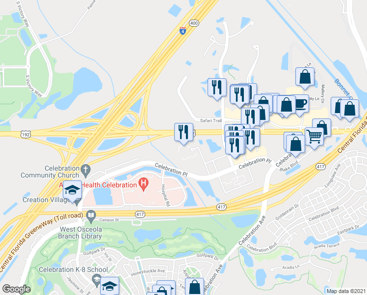 map of restaurants, bars, coffee shops, grocery stores, and more near 225 Celebration Place in Celebration