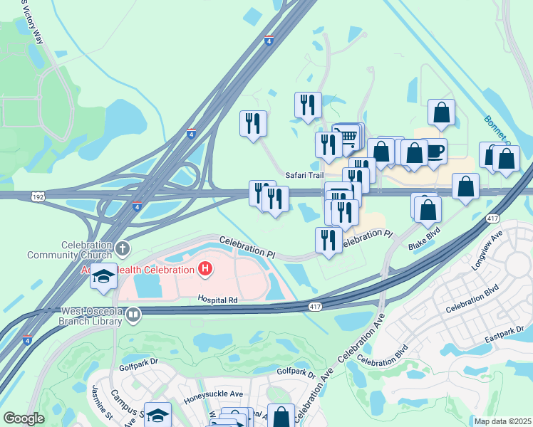 map of restaurants, bars, coffee shops, grocery stores, and more near 225 Celebration Place in Celebration