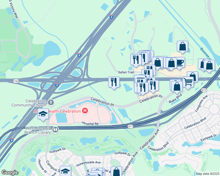 map of restaurants, bars, coffee shops, grocery stores, and more near 225 Celebration Place in Celebration