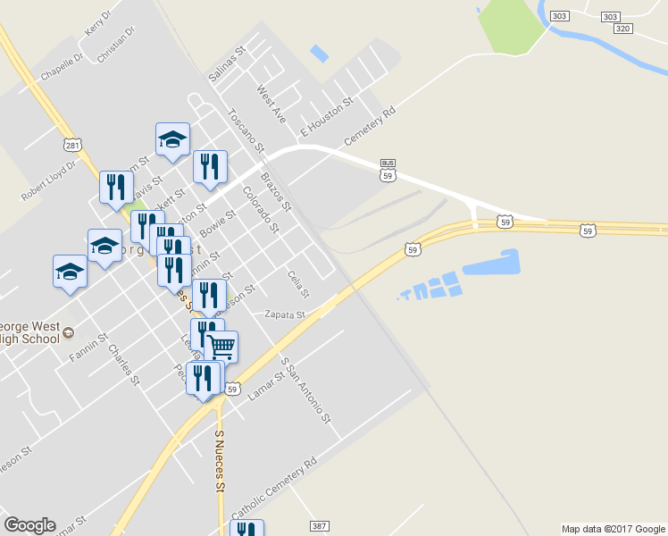 map of restaurants, bars, coffee shops, grocery stores, and more near 205 Brazos Street in George West