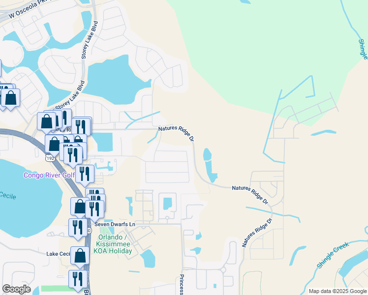 map of restaurants, bars, coffee shops, grocery stores, and more near 2845 Bookmark Drive in Kissimmee