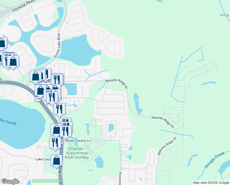 map of restaurants, bars, coffee shops, grocery stores, and more near 2845 Bookmark Drive in Kissimmee