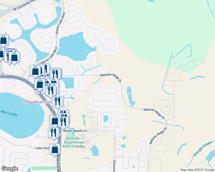map of restaurants, bars, coffee shops, grocery stores, and more near 2845 Bookmark Drive in Kissimmee
