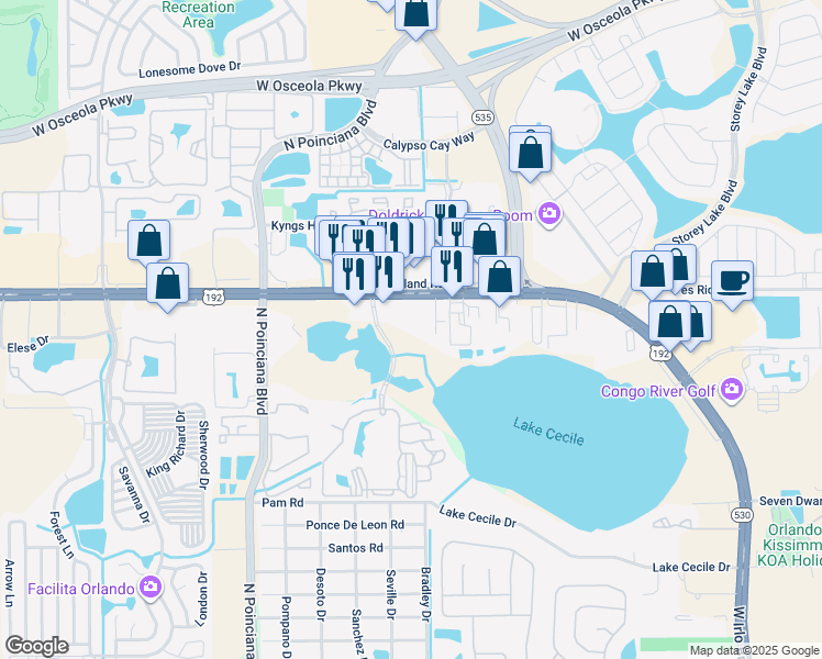 map of restaurants, bars, coffee shops, grocery stores, and more near 5001-5099 Avenue of the Stars in Kissimmee