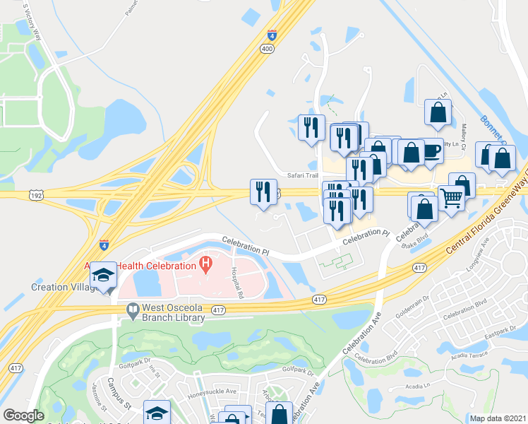 map of restaurants, bars, coffee shops, grocery stores, and more near 225 Celebration Place in Celebration