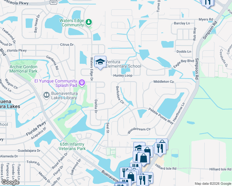 map of restaurants, bars, coffee shops, grocery stores, and more near 2863 Berkshire Circle in Kissimmee