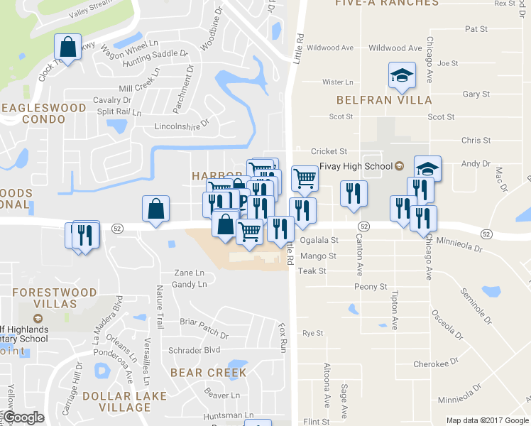 map of restaurants, bars, coffee shops, grocery stores, and more near state Road 52 in Hudson