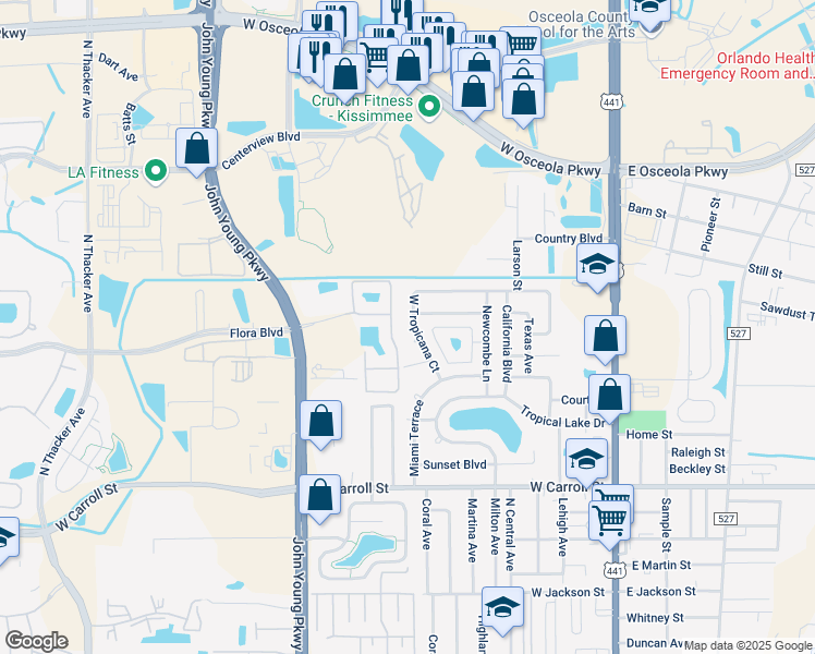 map of restaurants, bars, coffee shops, grocery stores, and more near 2896 Clipper Cove Lane in Kissimmee