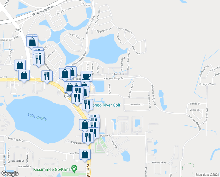 map of restaurants, bars, coffee shops, grocery stores, and more near 2877 Stanza Court in Kissimmee