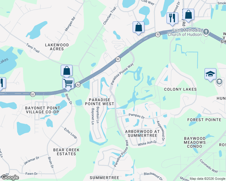 map of restaurants, bars, coffee shops, grocery stores, and more near 12005 Paradise Pointe Way in New Port Richey