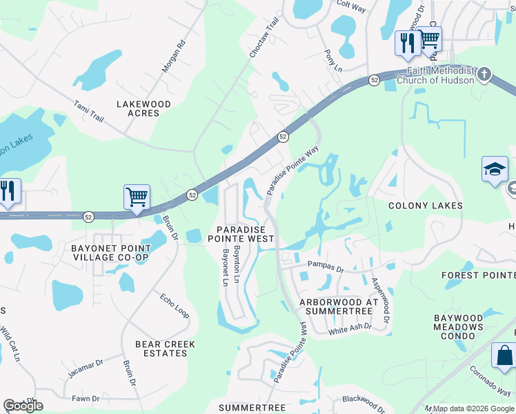 map of restaurants, bars, coffee shops, grocery stores, and more near 12005 Paradise Pointe Way in New Port Richey