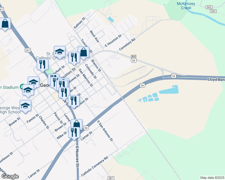 map of restaurants, bars, coffee shops, grocery stores, and more near 205 Brazos Street in George West