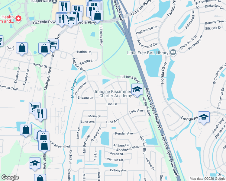 map of restaurants, bars, coffee shops, grocery stores, and more near 2939 Twin Oaks Drive in Kissimmee