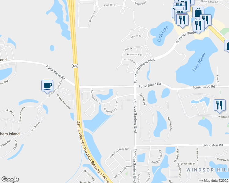 map of restaurants, bars, coffee shops, grocery stores, and more near 2906 Lotus Court in Kissimmee