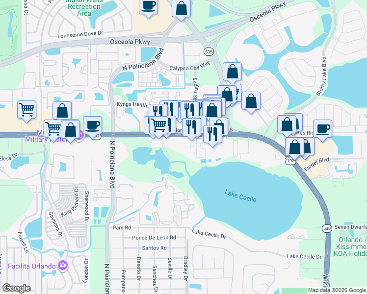 map of restaurants, bars, coffee shops, grocery stores, and more near 2830-2892 Pine Haven Dr in Kissimmee