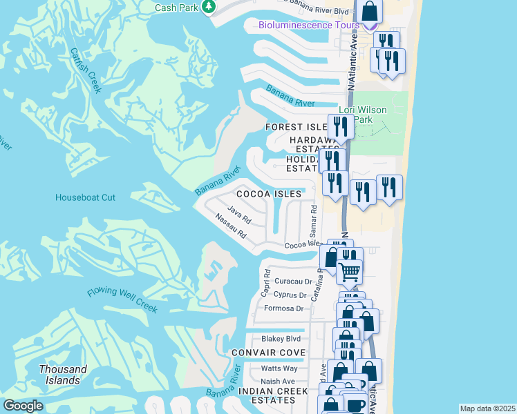 map of restaurants, bars, coffee shops, grocery stores, and more near 633 Bermuda Road in Cocoa Beach