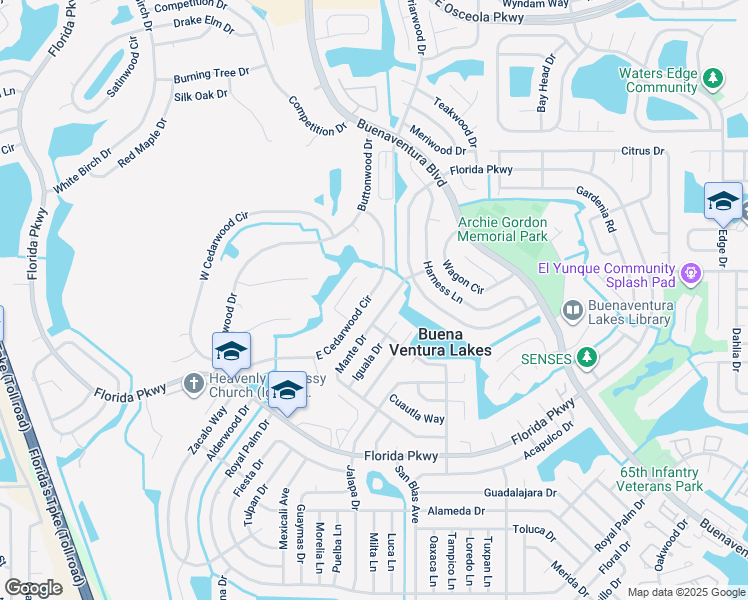 map of restaurants, bars, coffee shops, grocery stores, and more near 228 East Cedarwood Circle in Kissimmee