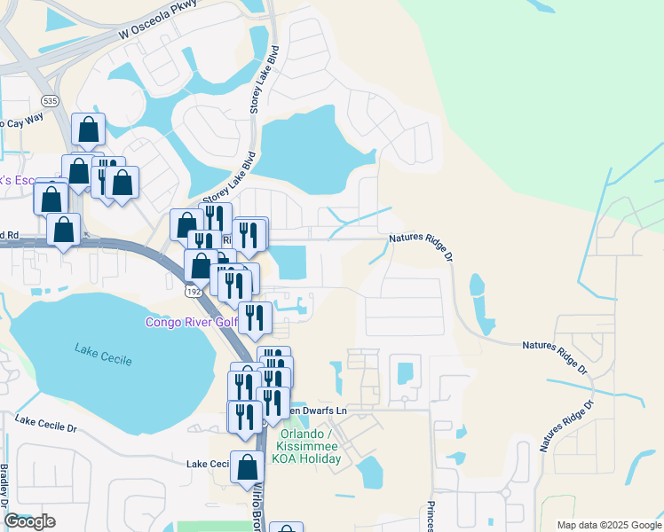 map of restaurants, bars, coffee shops, grocery stores, and more near 2877 Stanza Court in Kissimmee