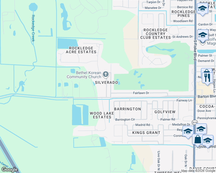 map of restaurants, bars, coffee shops, grocery stores, and more near 1682 Silverado Drive in Rockledge
