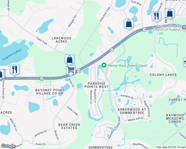 map of restaurants, bars, coffee shops, grocery stores, and more near 12012 Bayonet Lane in New Port Richey