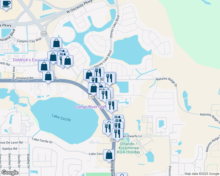 map of restaurants, bars, coffee shops, grocery stores, and more near 4795 West Irlo Bronson Memorial Highway in Kissimmee