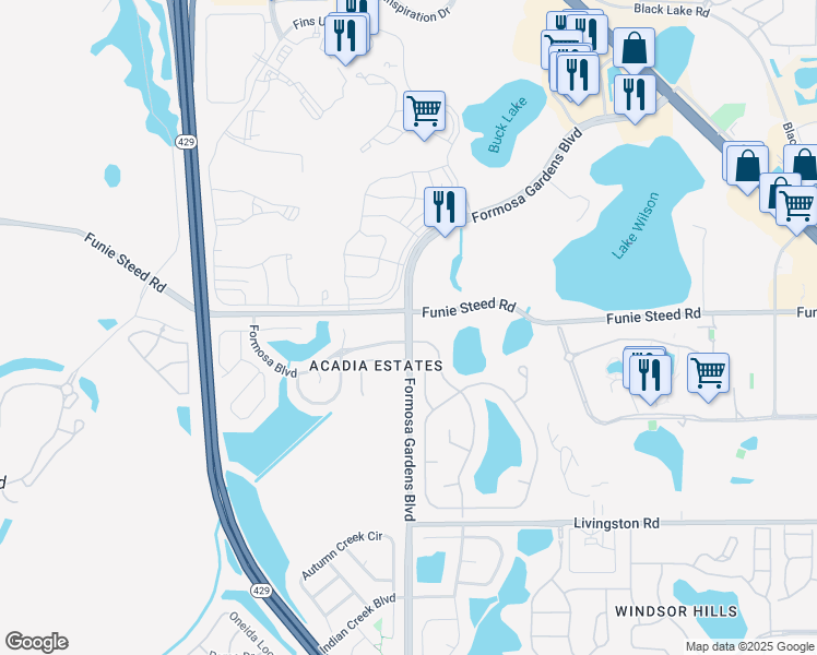 map of restaurants, bars, coffee shops, grocery stores, and more near 1 Formosa Gardens Boulevard in Kissimmee