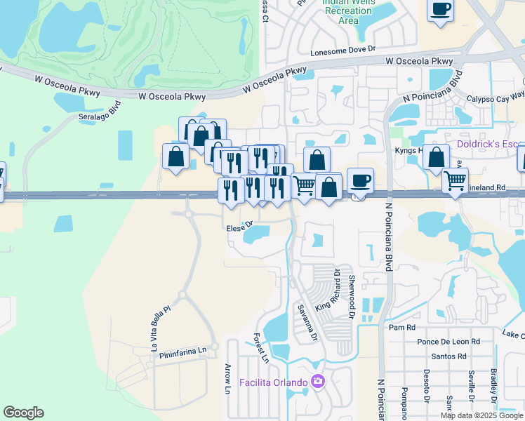 map of restaurants, bars, coffee shops, grocery stores, and more near 5340 West Irlo Bronson Memorial Highway in Kissimmee