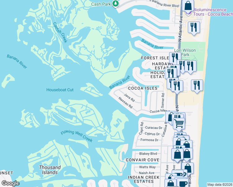 map of restaurants, bars, coffee shops, grocery stores, and more near 847 Nassau Road in Cocoa Beach