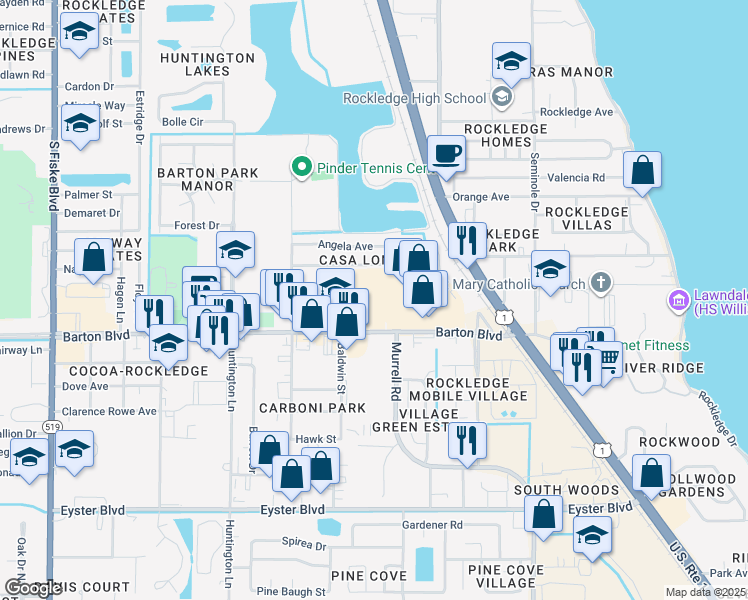 map of restaurants, bars, coffee shops, grocery stores, and more near 282 Barton Boulevard in Rockledge