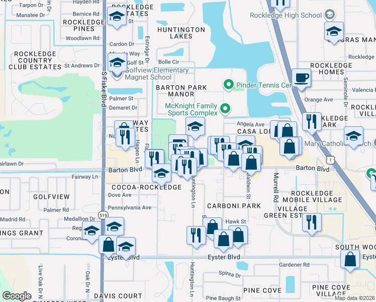 map of restaurants, bars, coffee shops, grocery stores, and more near 1515 Huntington Lane in Rockledge