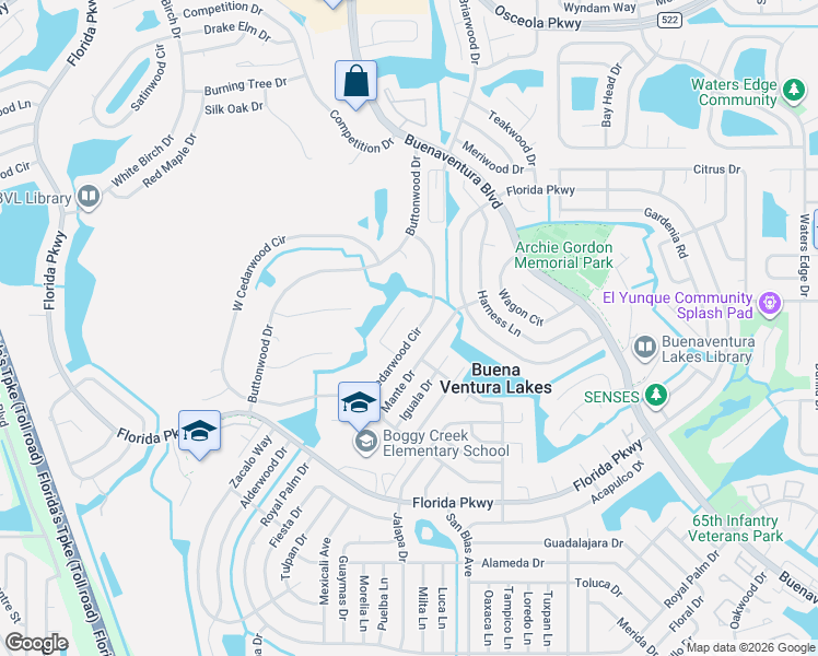 map of restaurants, bars, coffee shops, grocery stores, and more near 228 East Cedarwood Circle in Kissimmee