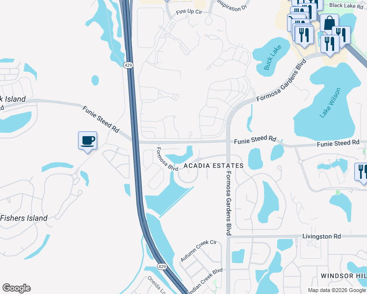 map of restaurants, bars, coffee shops, grocery stores, and more near 8051 White Crane Court in Kissimmee
