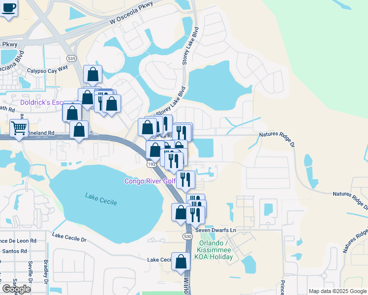 map of restaurants, bars, coffee shops, grocery stores, and more near 4795 West Irlo Bronson Memorial Highway in Kissimmee