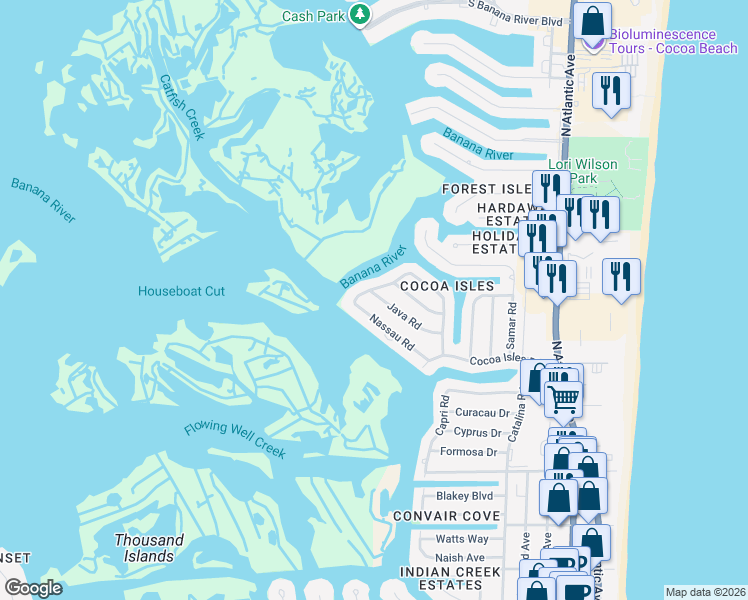 map of restaurants, bars, coffee shops, grocery stores, and more near 847 Nassau Road in Cocoa Beach