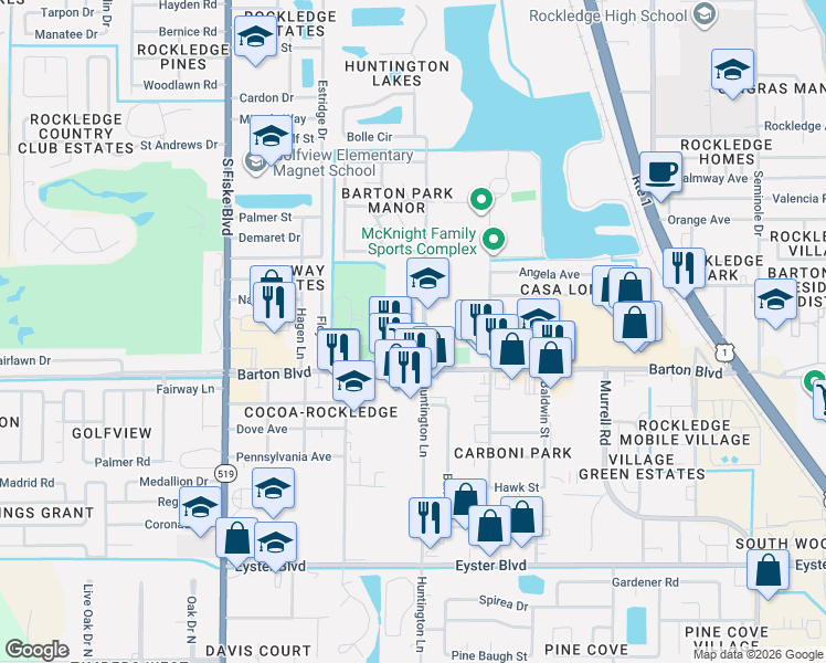 map of restaurants, bars, coffee shops, grocery stores, and more near 1515 Huntington Lane in Rockledge