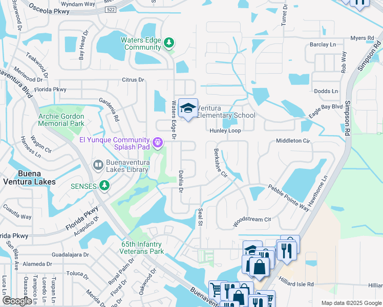 map of restaurants, bars, coffee shops, grocery stores, and more near 105 Poinsettia Drive in Kissimmee