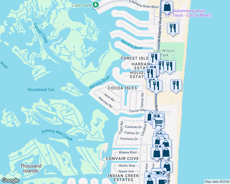 map of restaurants, bars, coffee shops, grocery stores, and more near 633 Bermuda Road in Cocoa Beach