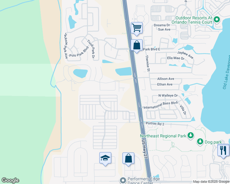 map of restaurants, bars, coffee shops, grocery stores, and more near 406 Washington Palm Loop in Davenport