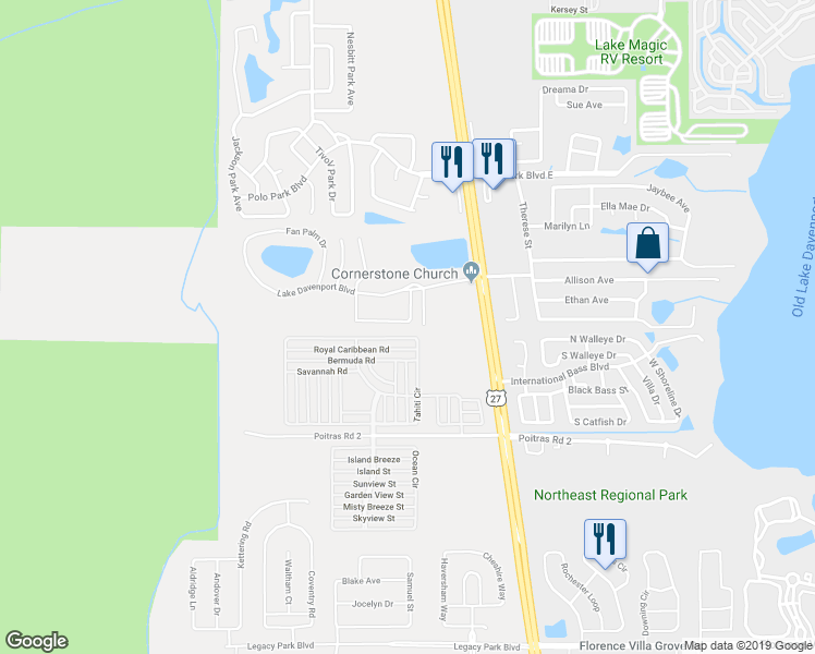 map of restaurants, bars, coffee shops, grocery stores, and more near 630 Washington Palm Loop in Davenport