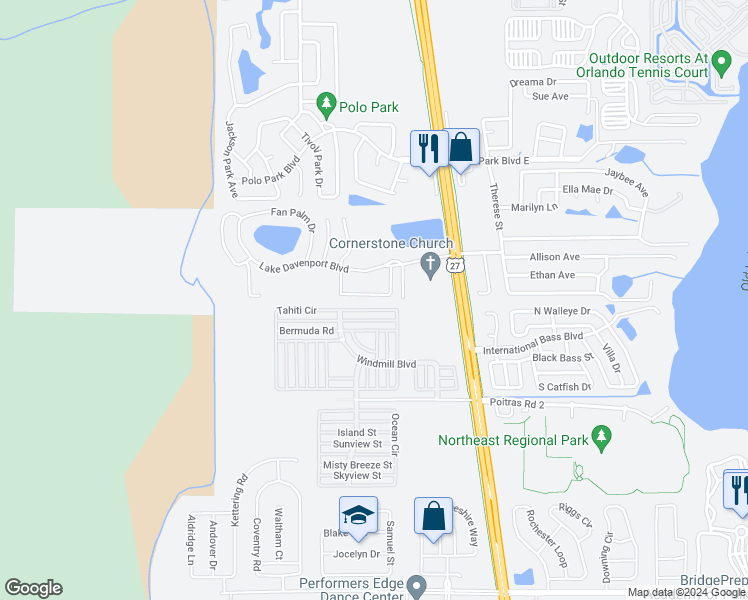 map of restaurants, bars, coffee shops, grocery stores, and more near 630 Washington Palm Loop in Davenport