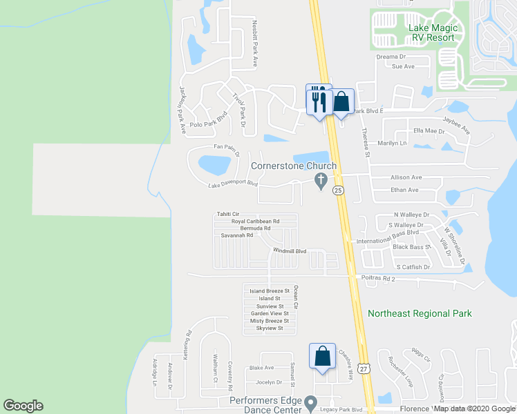 map of restaurants, bars, coffee shops, grocery stores, and more near 1038 Washington Palm Loop in Davenport