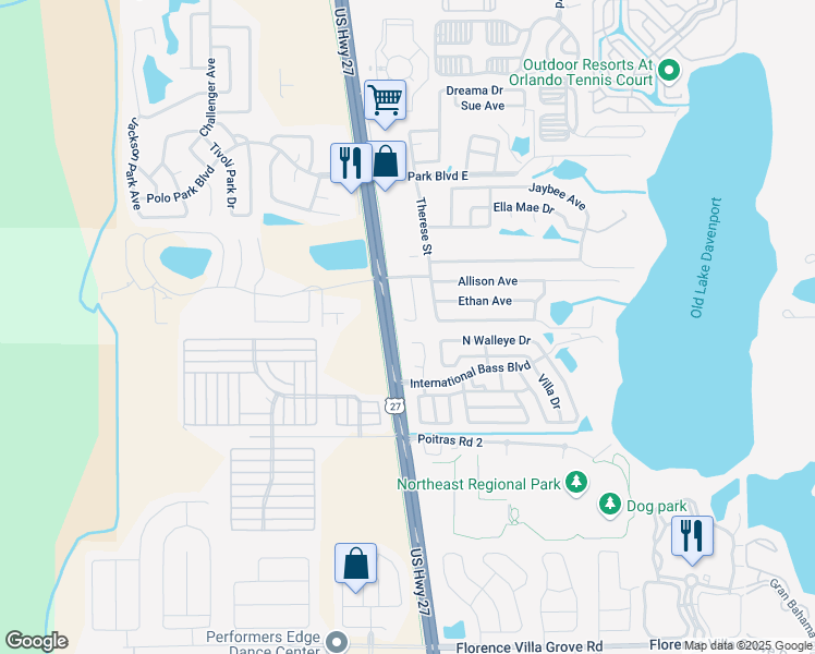 map of restaurants, bars, coffee shops, grocery stores, and more near 264 Jerica Lane in Davenport