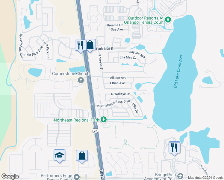 map of restaurants, bars, coffee shops, grocery stores, and more near 507 Lake Davenport Boulevard in Davenport