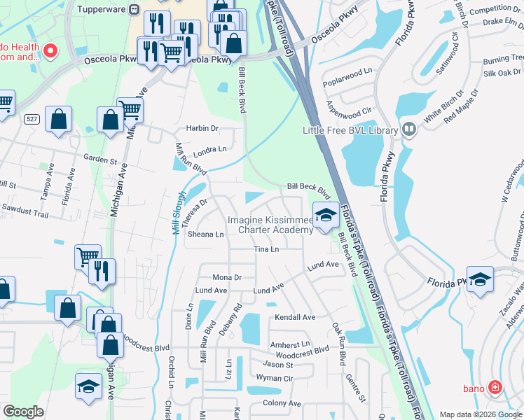 map of restaurants, bars, coffee shops, grocery stores, and more near 2927 Oaktree Drive in Kissimmee