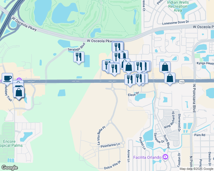 map of restaurants, bars, coffee shops, grocery stores, and more near 5490-5508 W Irlo Bronson Memorial Hwy in Kissimmee