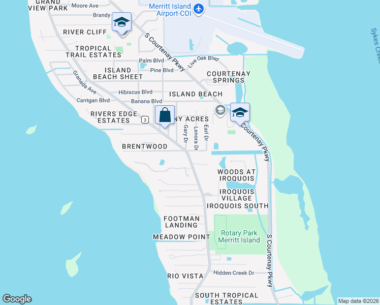 map of restaurants, bars, coffee shops, grocery stores, and more near 1520 South Tropical Trail in Merritt Island