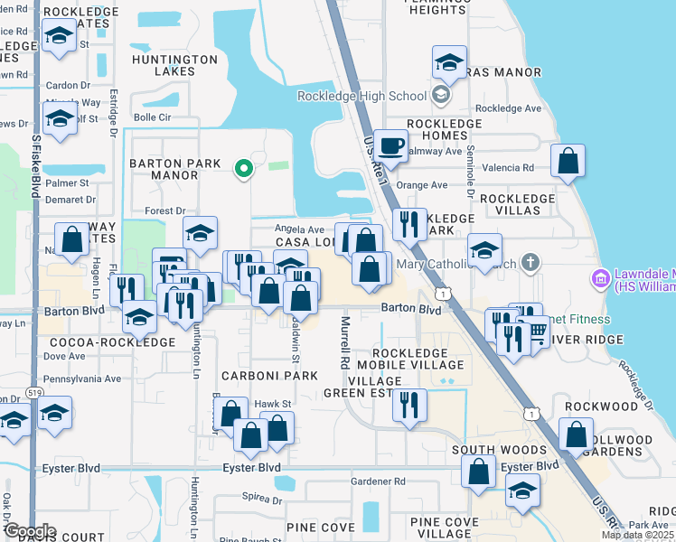 map of restaurants, bars, coffee shops, grocery stores, and more near 282 Barton Boulevard in Rockledge